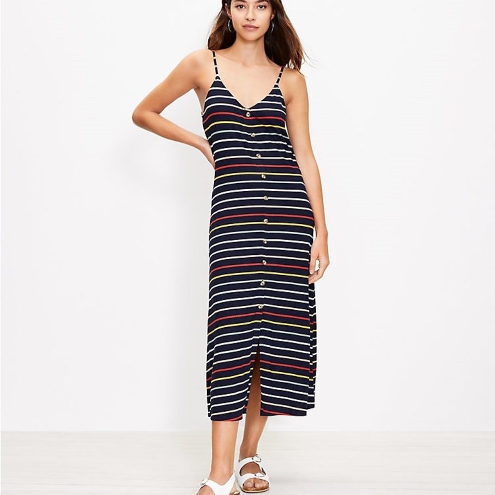 LOFT Striped Button Trim Maxi Dress Size M